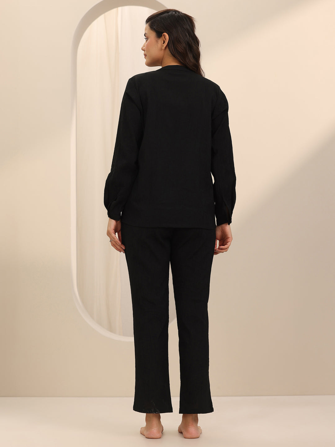  Black Solid Cotton Blend Night Suit 