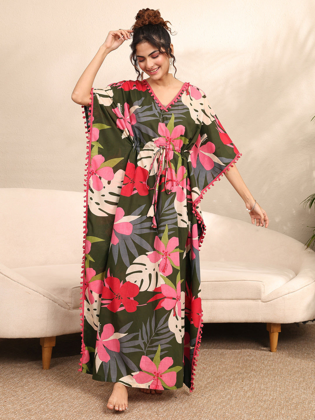 Green Floral Printed Cotton Kaftan Night Dress 