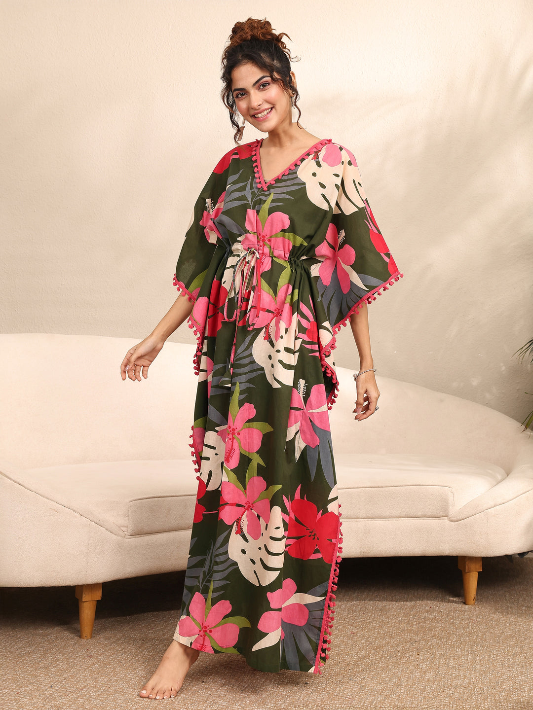  Green Floral Printed Cotton Kaftan Night Dress 