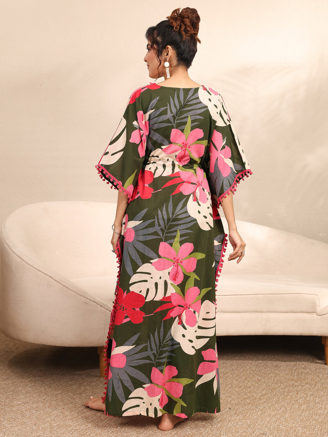  Green Floral Printed Cotton Kaftan Night Dress 