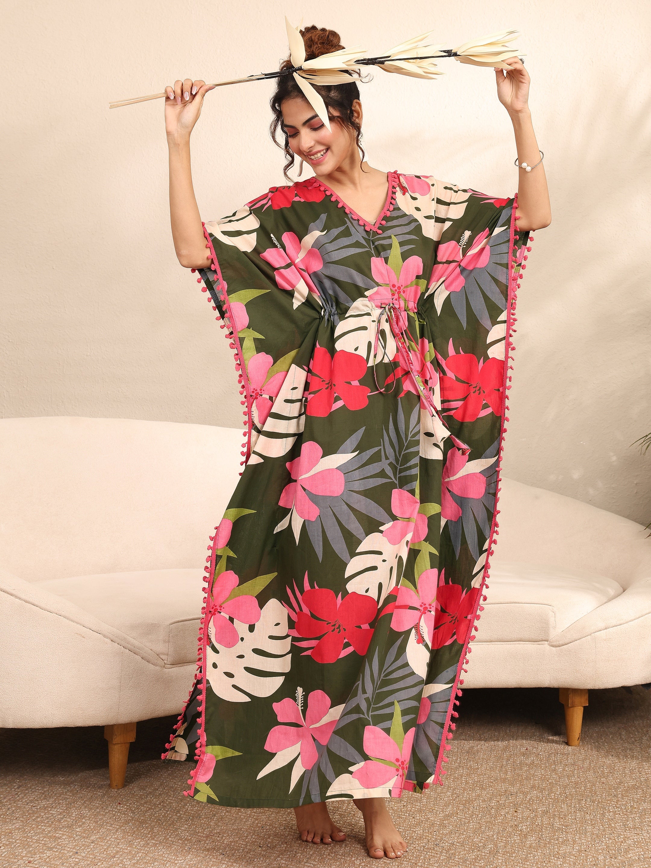 Green Floral Printed Cotton Kaftan Night Dress-image-5