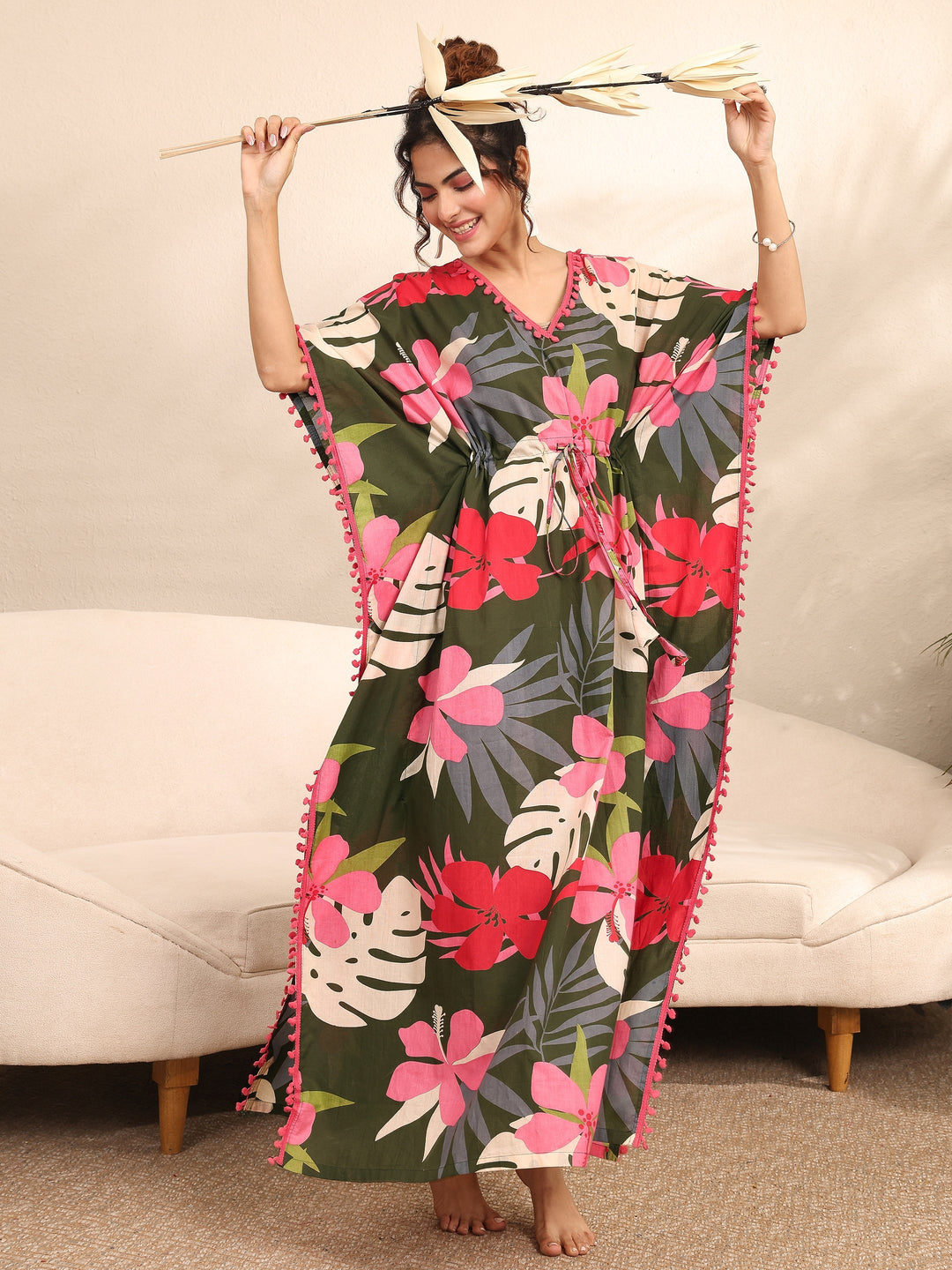 Green Floral Printed Cotton Kaftan Night Dress