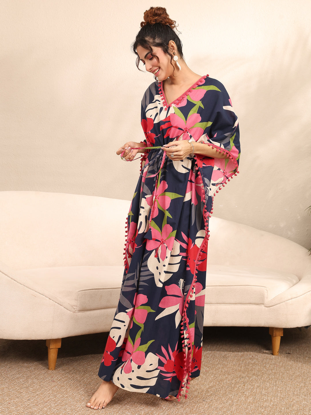  Blue Floral Printed Cotton Kaftan Night Dress 