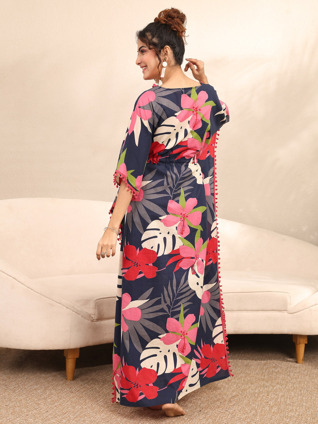  Blue Floral Printed Cotton Kaftan Night Dress 