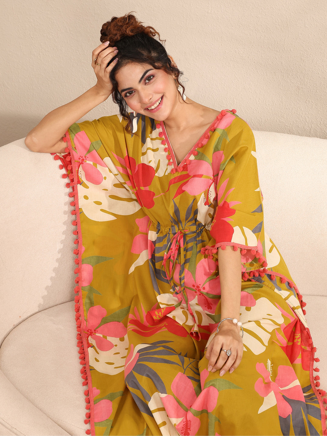  Mustard Floral Printed Cotton Kaftan Night Dress 