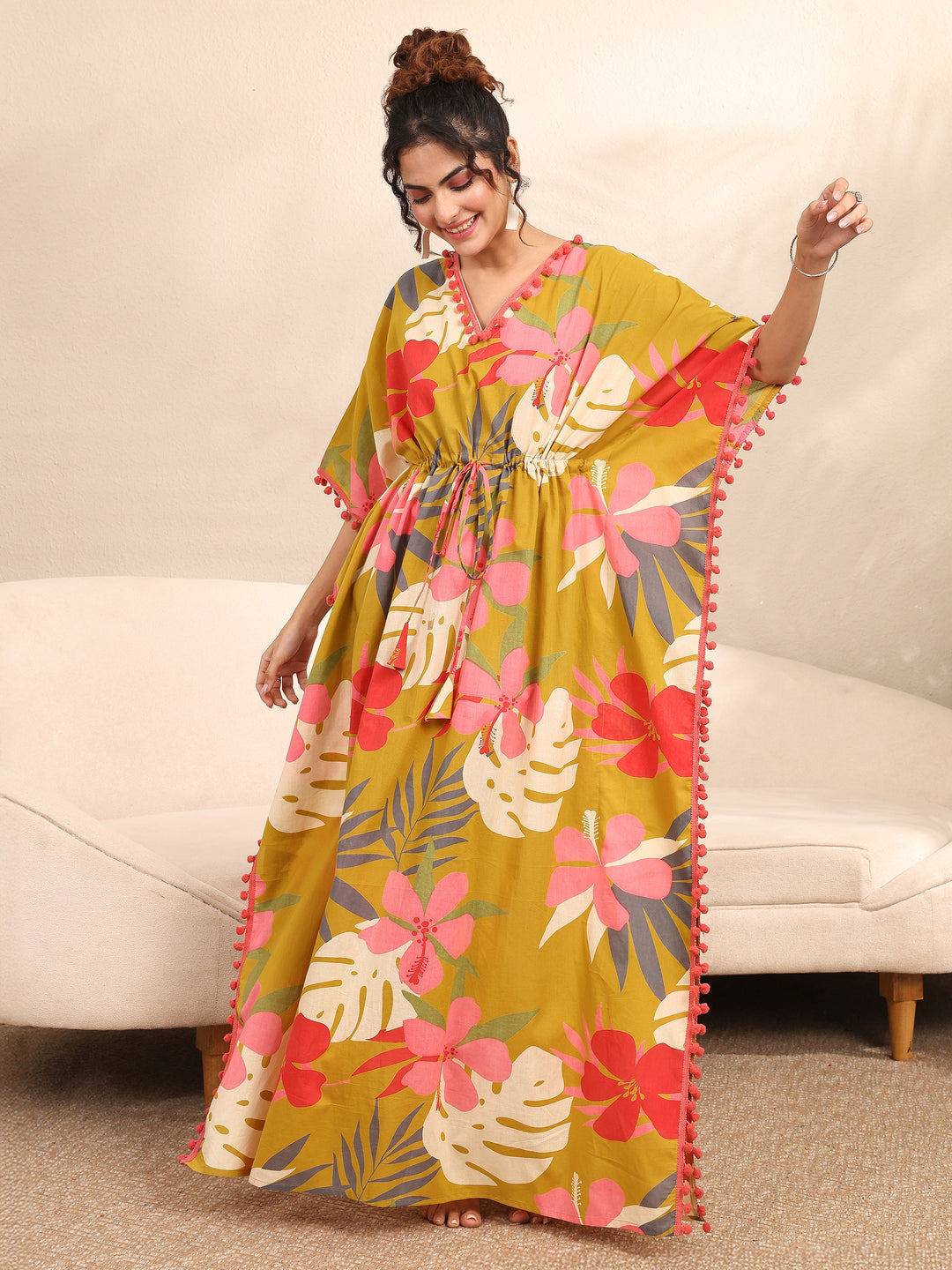  Mustard Floral Printed Cotton Kaftan Night Dress 