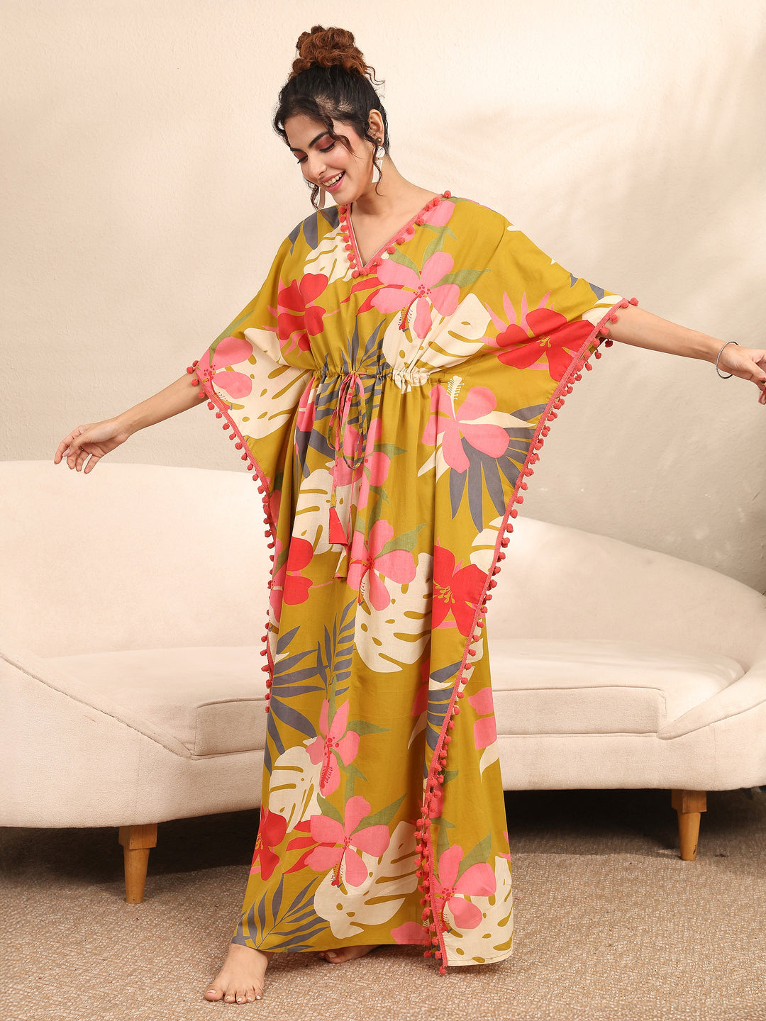  Mustard Floral Printed Cotton Kaftan Night Dress 