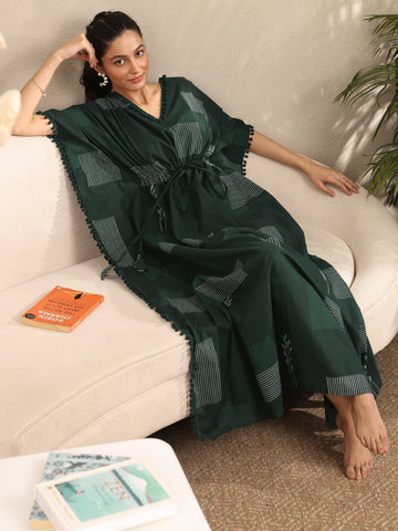 Libas Green Geometric Printed Cotton Kaftan Night Dress