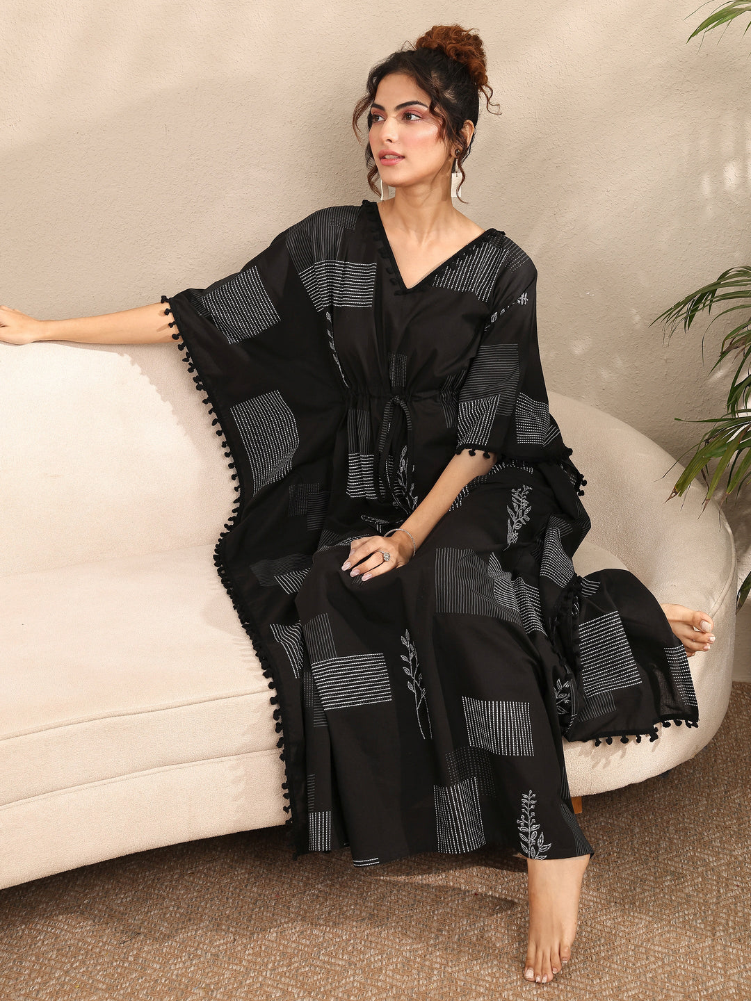 Black Geometric Printed Cotton Kaftan Night Dress