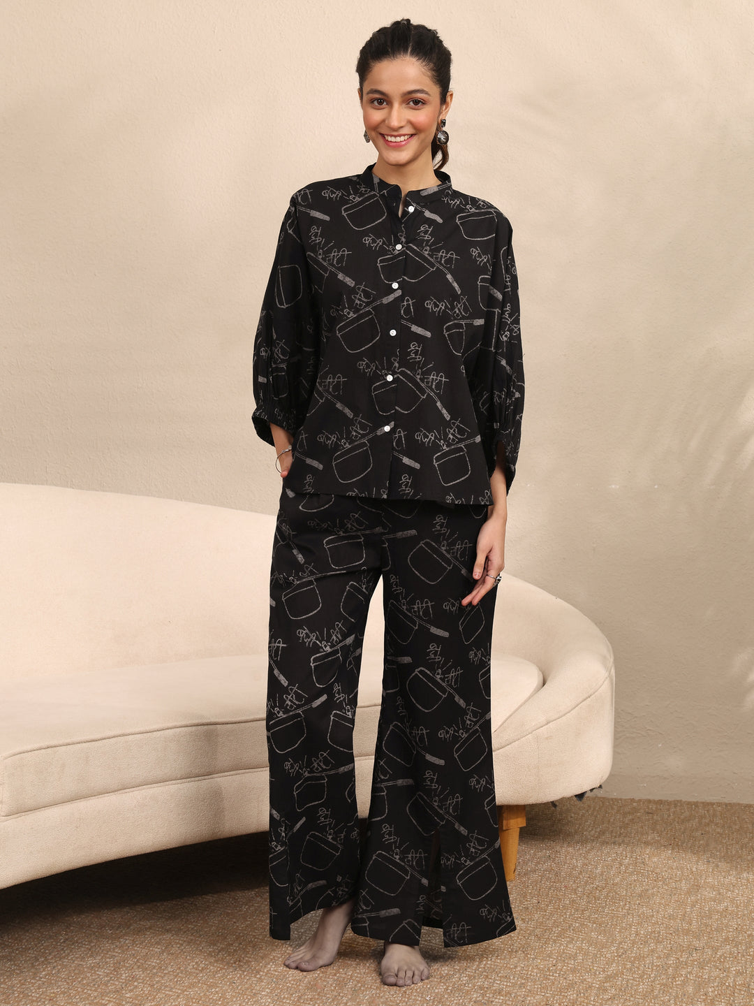  Black Printed Cotton Night Suit 