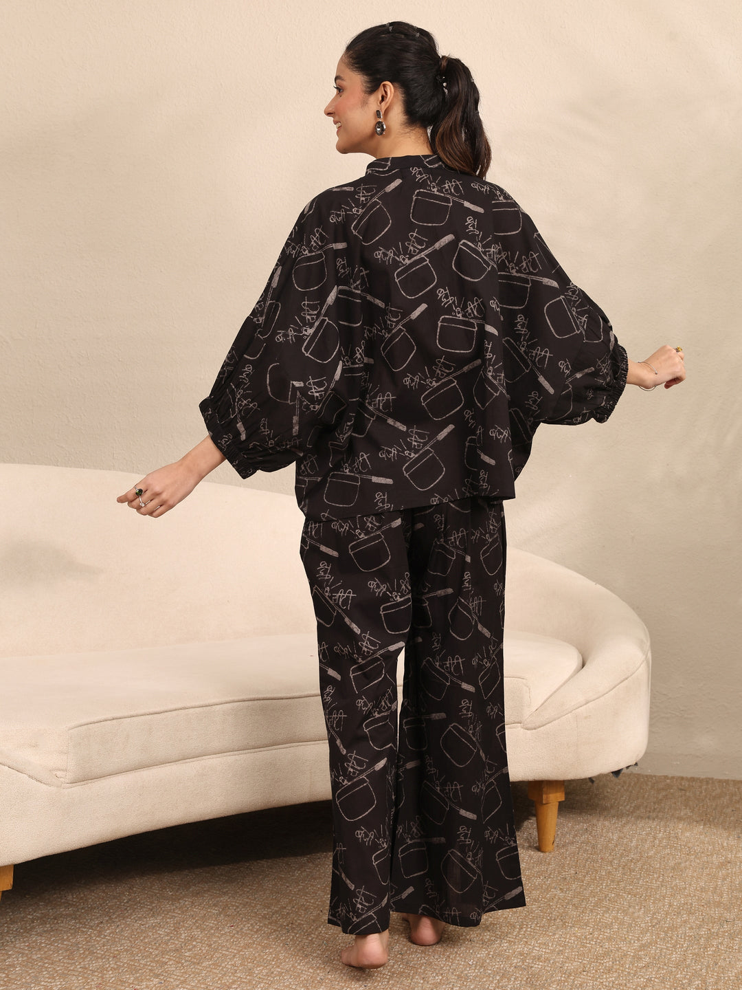  Black Printed Cotton Night Suit 