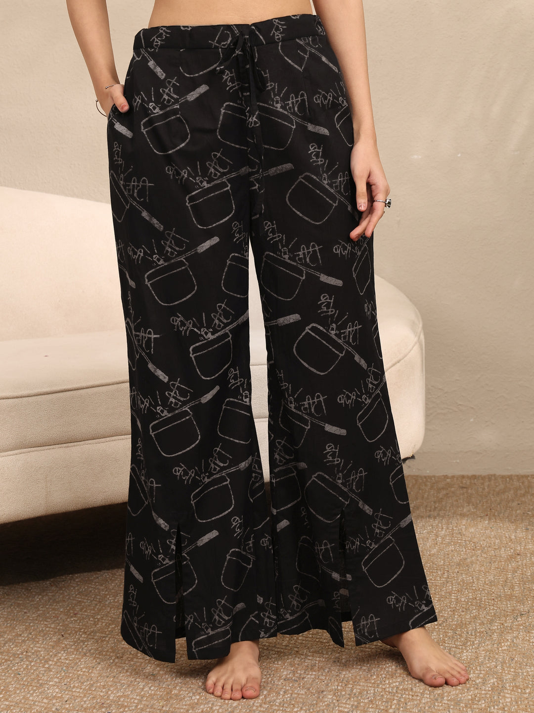  Black Printed Cotton Night Suit 