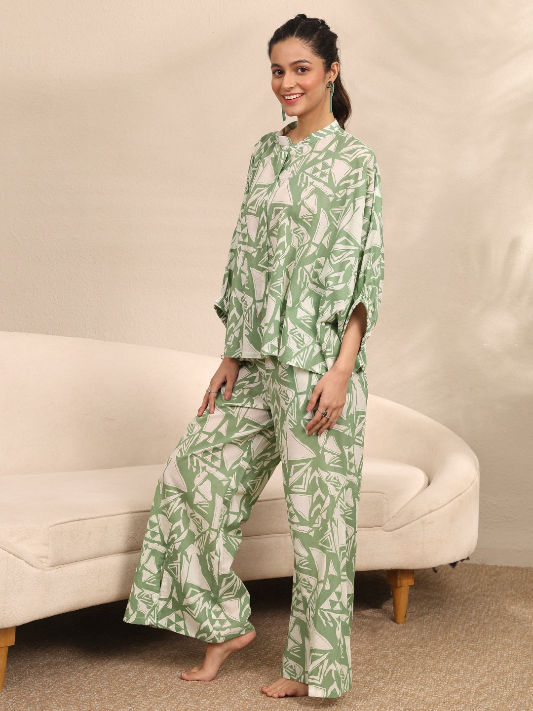  Green Printed Cotton Night Suit 