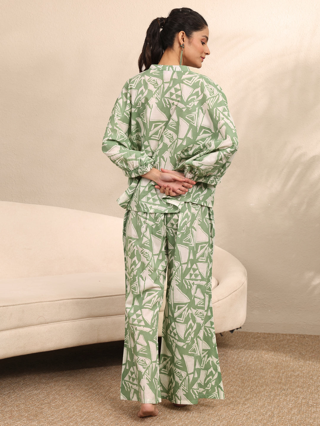  Green Printed Cotton Night Suit 