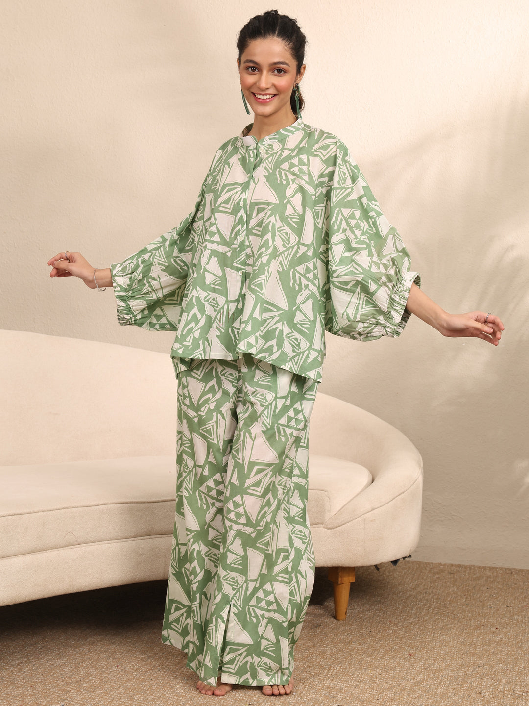  Green Printed Cotton Night Suit 