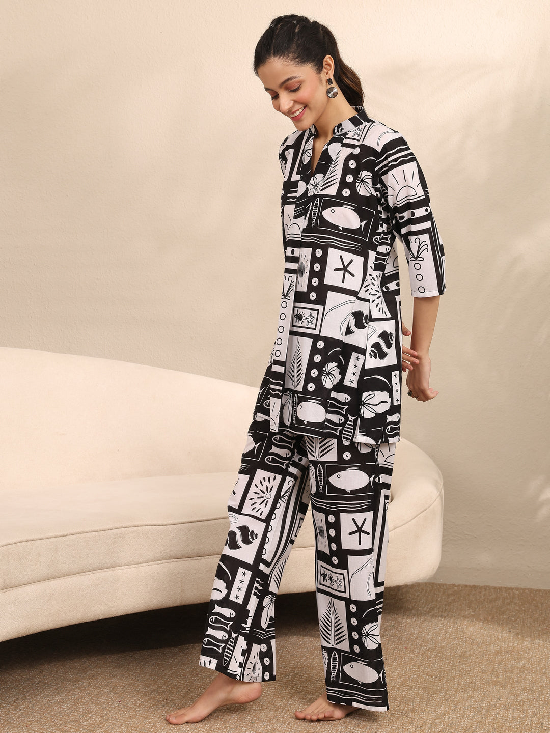  Black Printed Cotton Night Suit 
