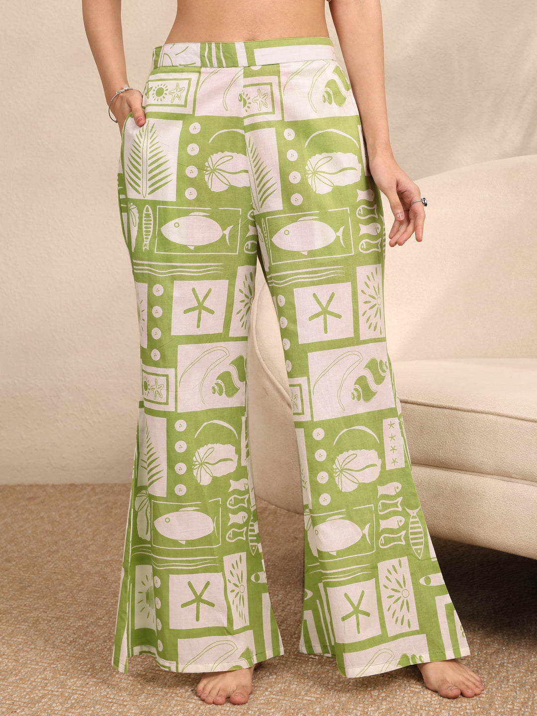  Green Printed Cotton Night Suit 