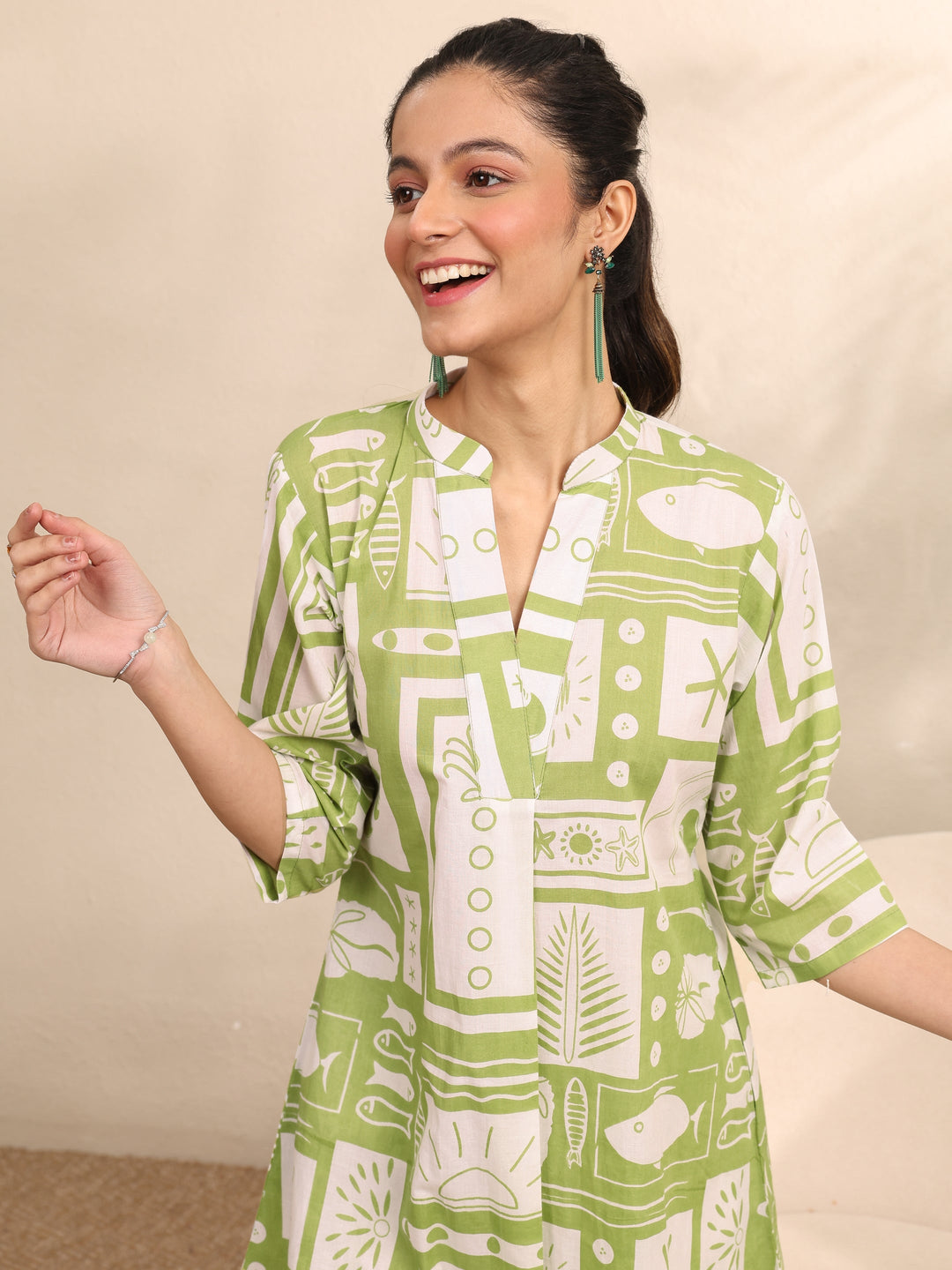  Green Printed Cotton Night Suit 