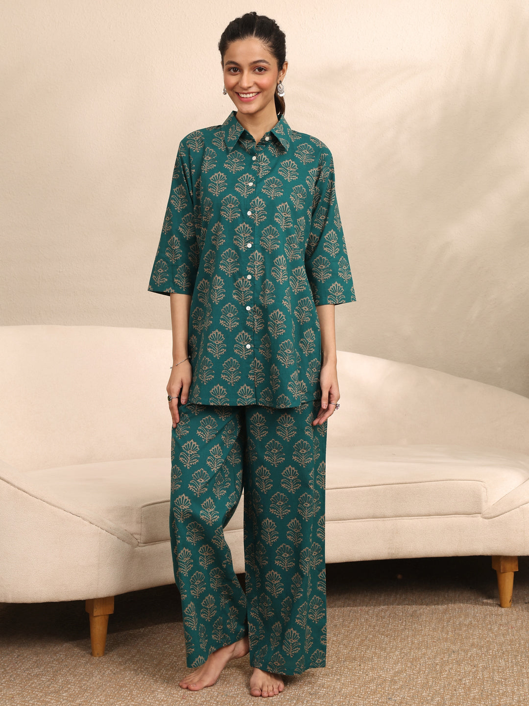  Green Printed Cotton Night Suit 