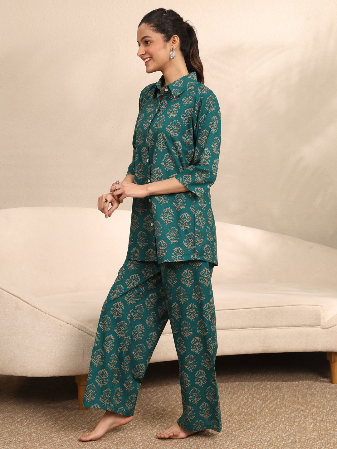  Green Printed Cotton Night Suit 