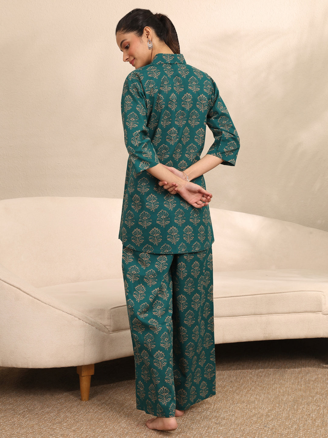  Green Printed Cotton Night Suit 