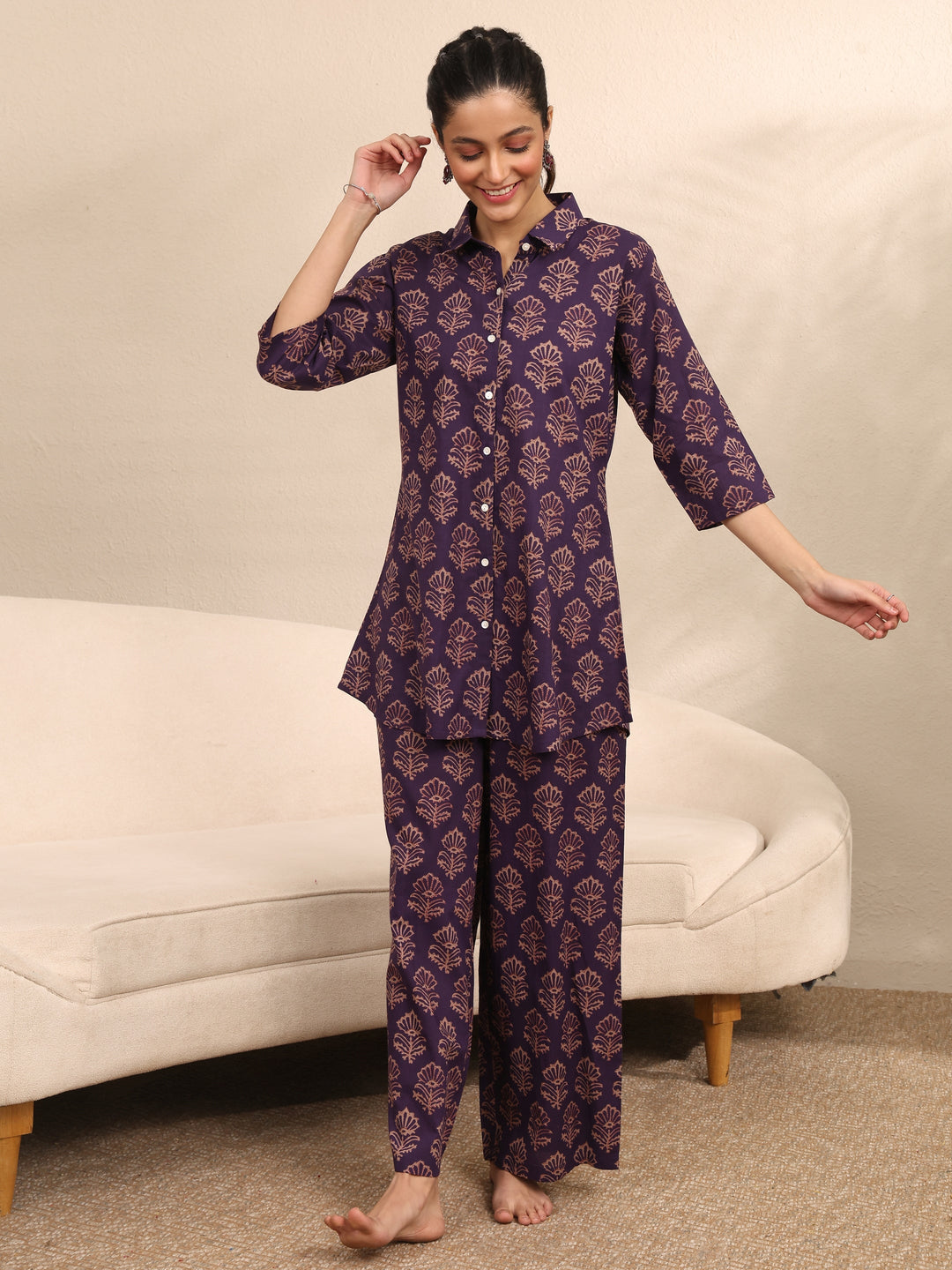  Purple Printed Cotton Night Suit 