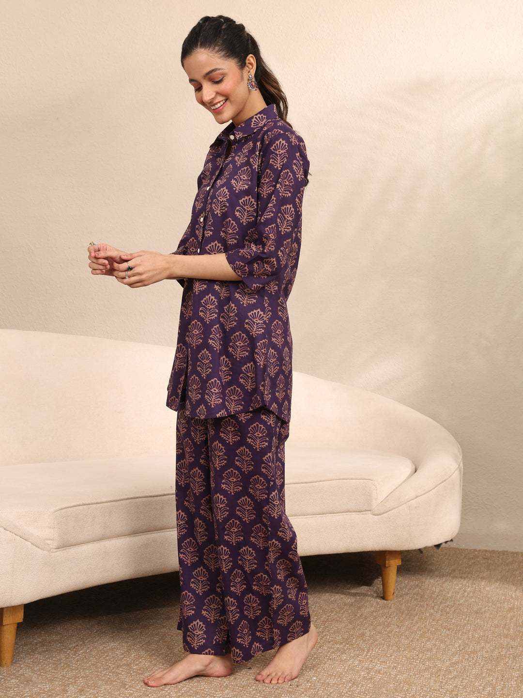  Purple Printed Cotton Night Suit 