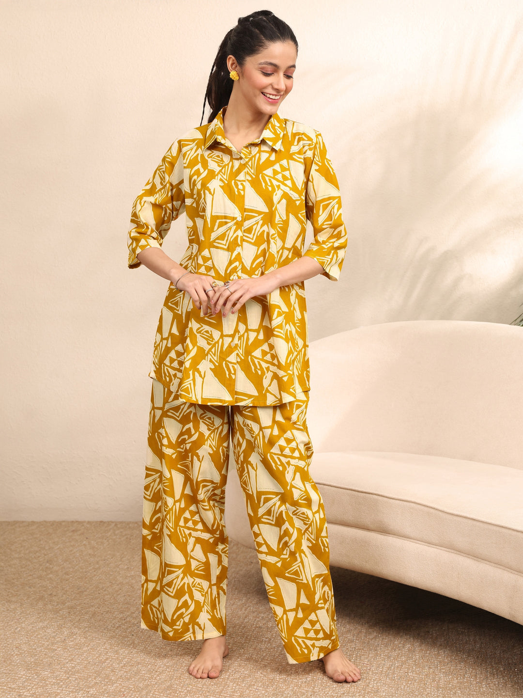  Mustard Printed Cotton Night Suit 