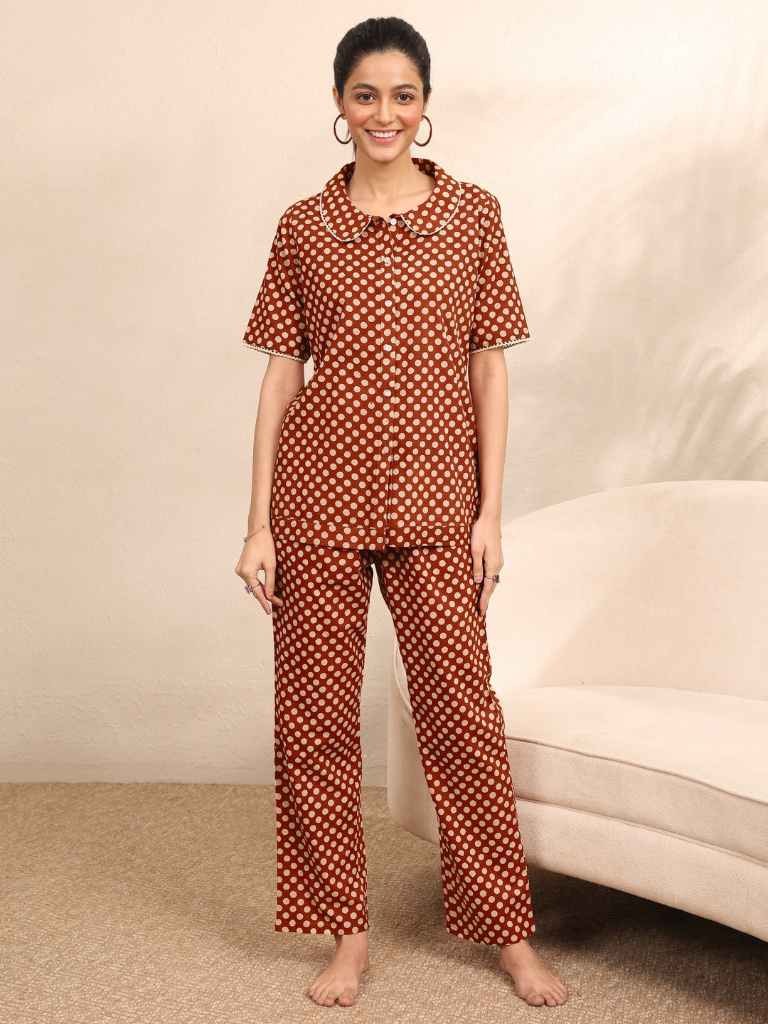  Rust Printed Cotton Night Suit 