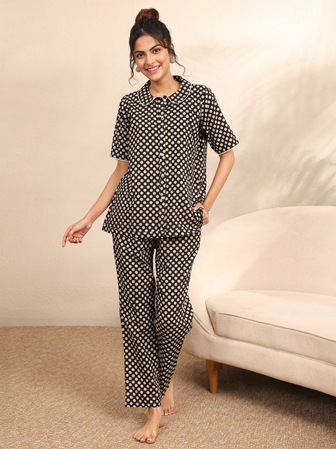  Black Printed Cotton Night Suit 