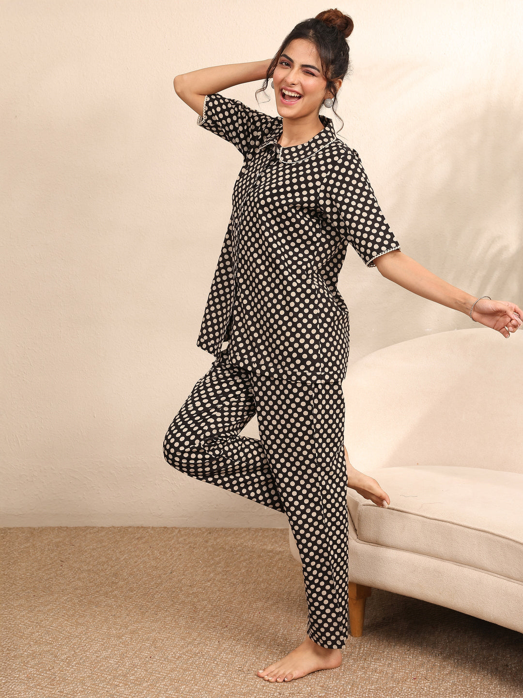  Black Printed Cotton Night Suit 