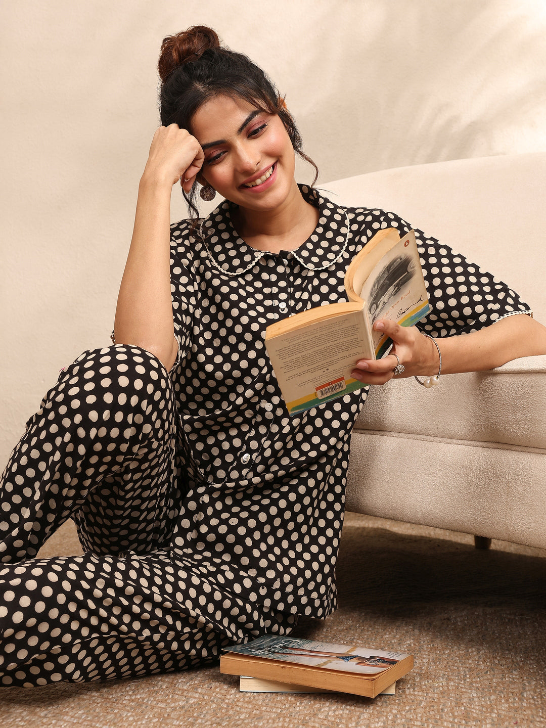  Black Printed Cotton Night Suit 