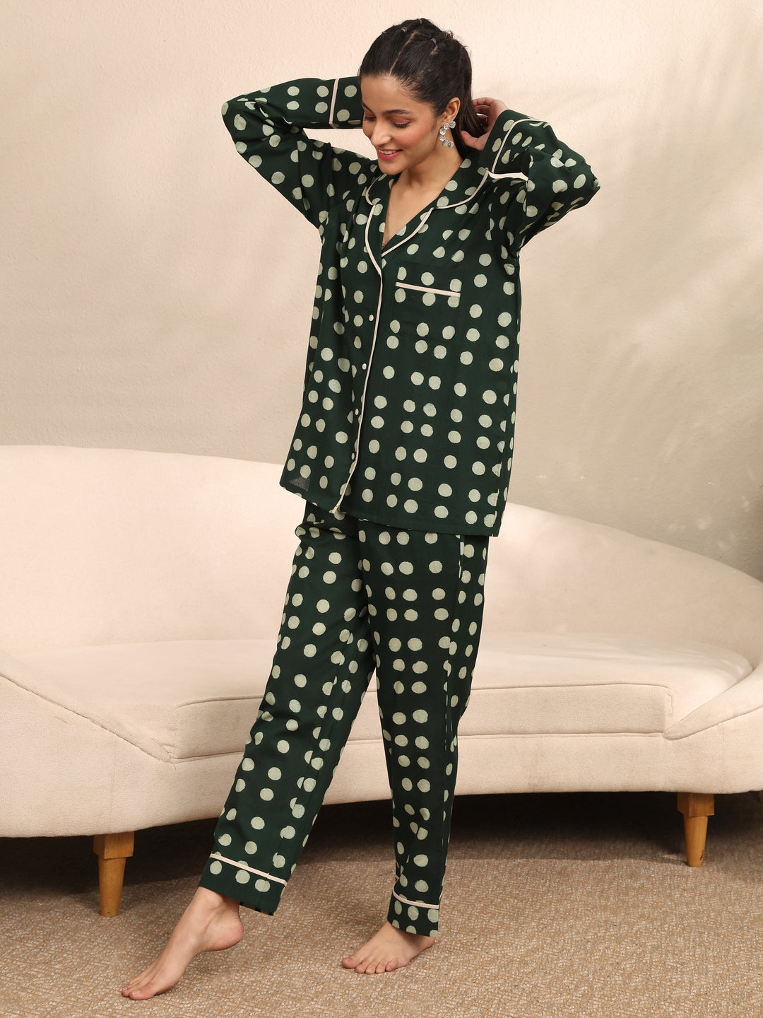  Green Printed Cotton Night Suit 