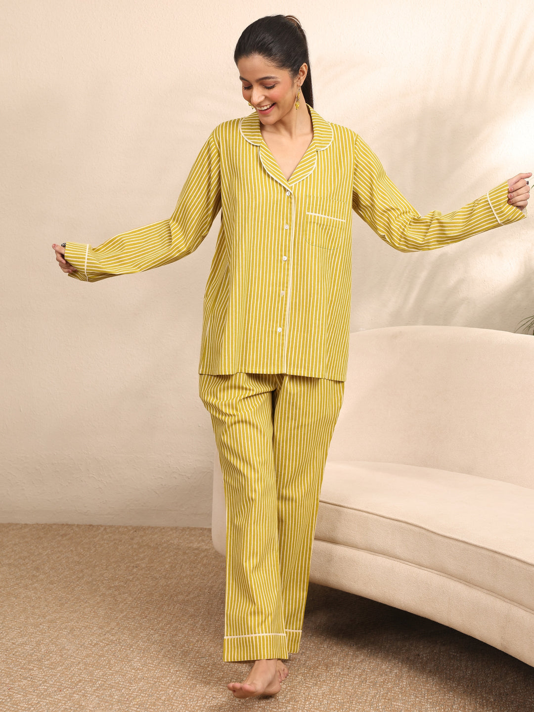  Yellow Printed Cotton Night Suit 