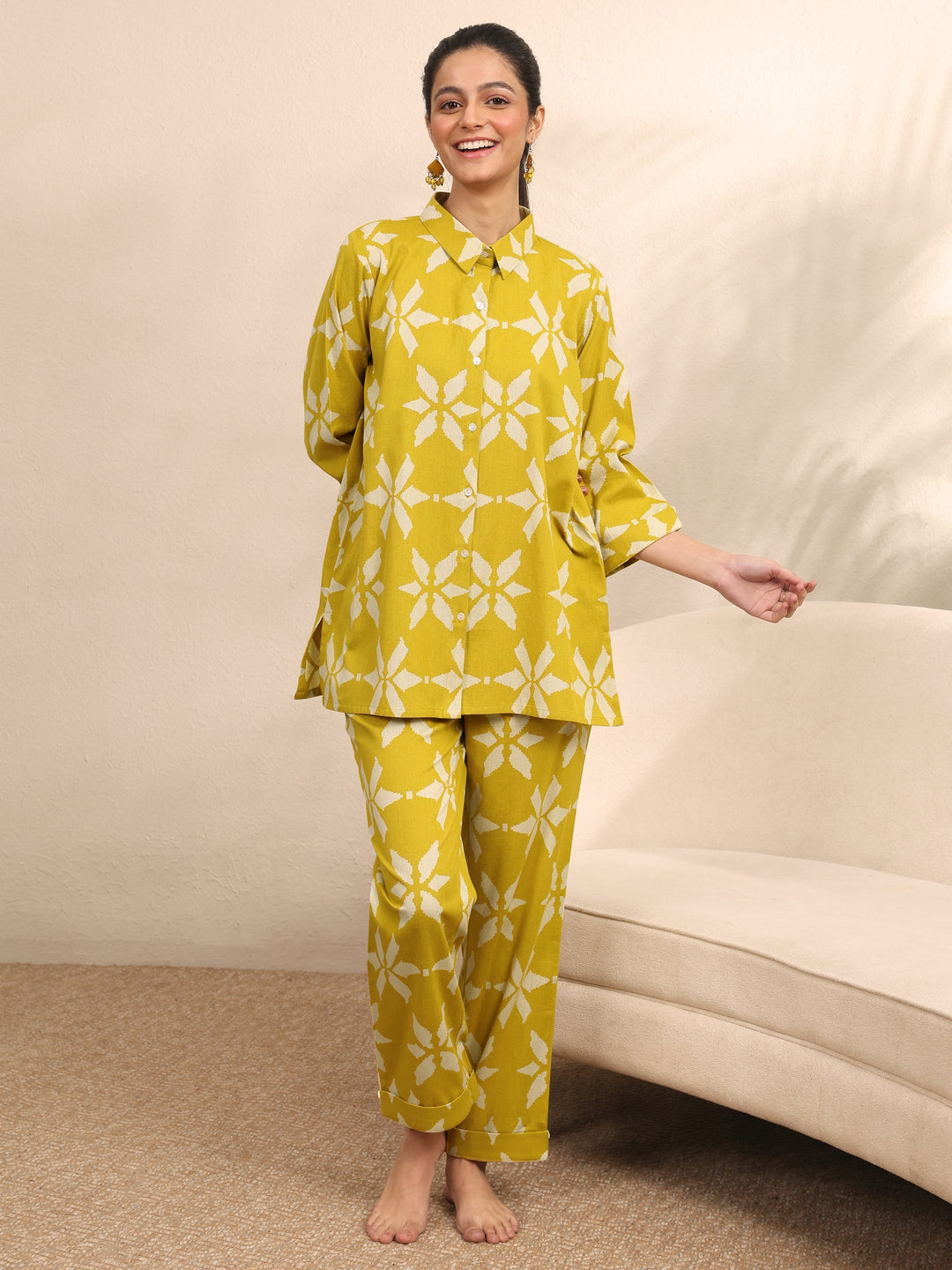  Mustard Printed Cotton Night Suit 