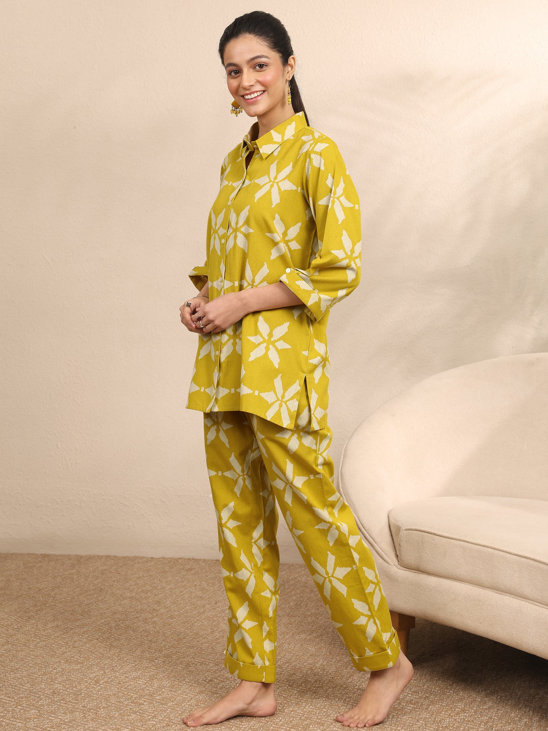  Mustard Printed Cotton Night Suit 