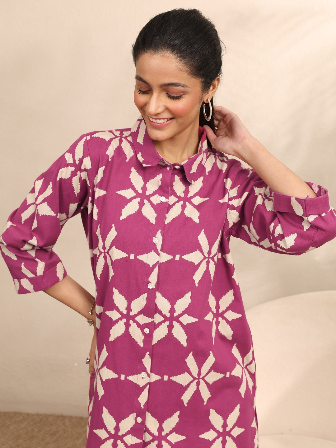  Burgundy Printed Cotton Night Suit 