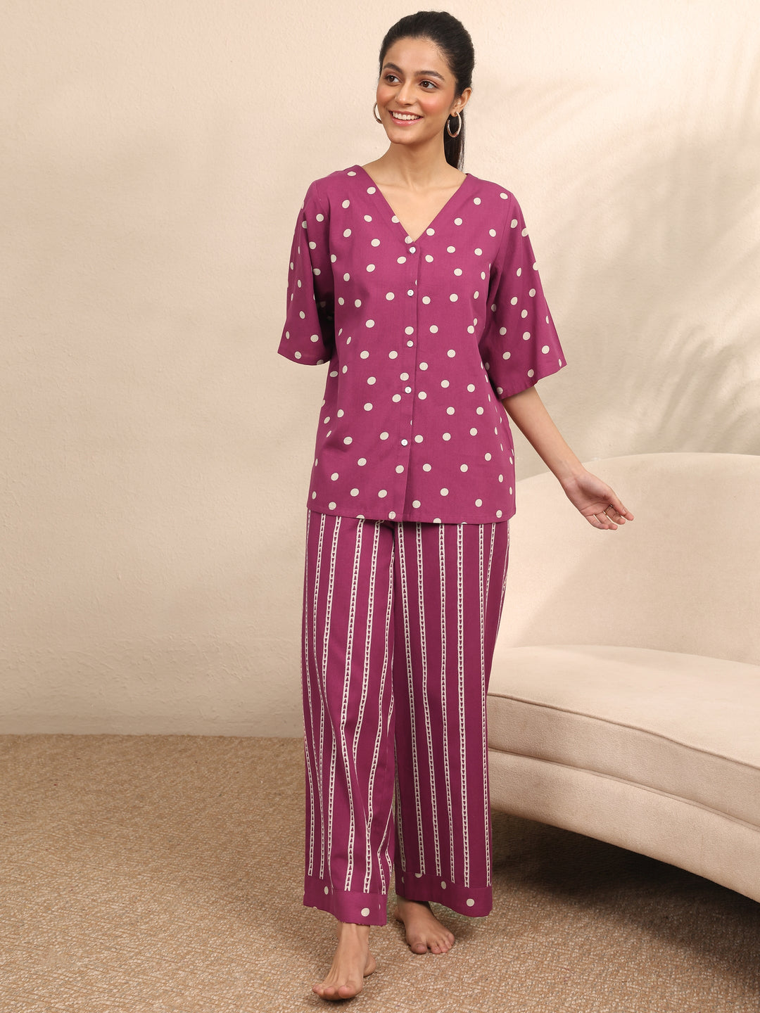  Burgundy Printed Cotton Night Suit 