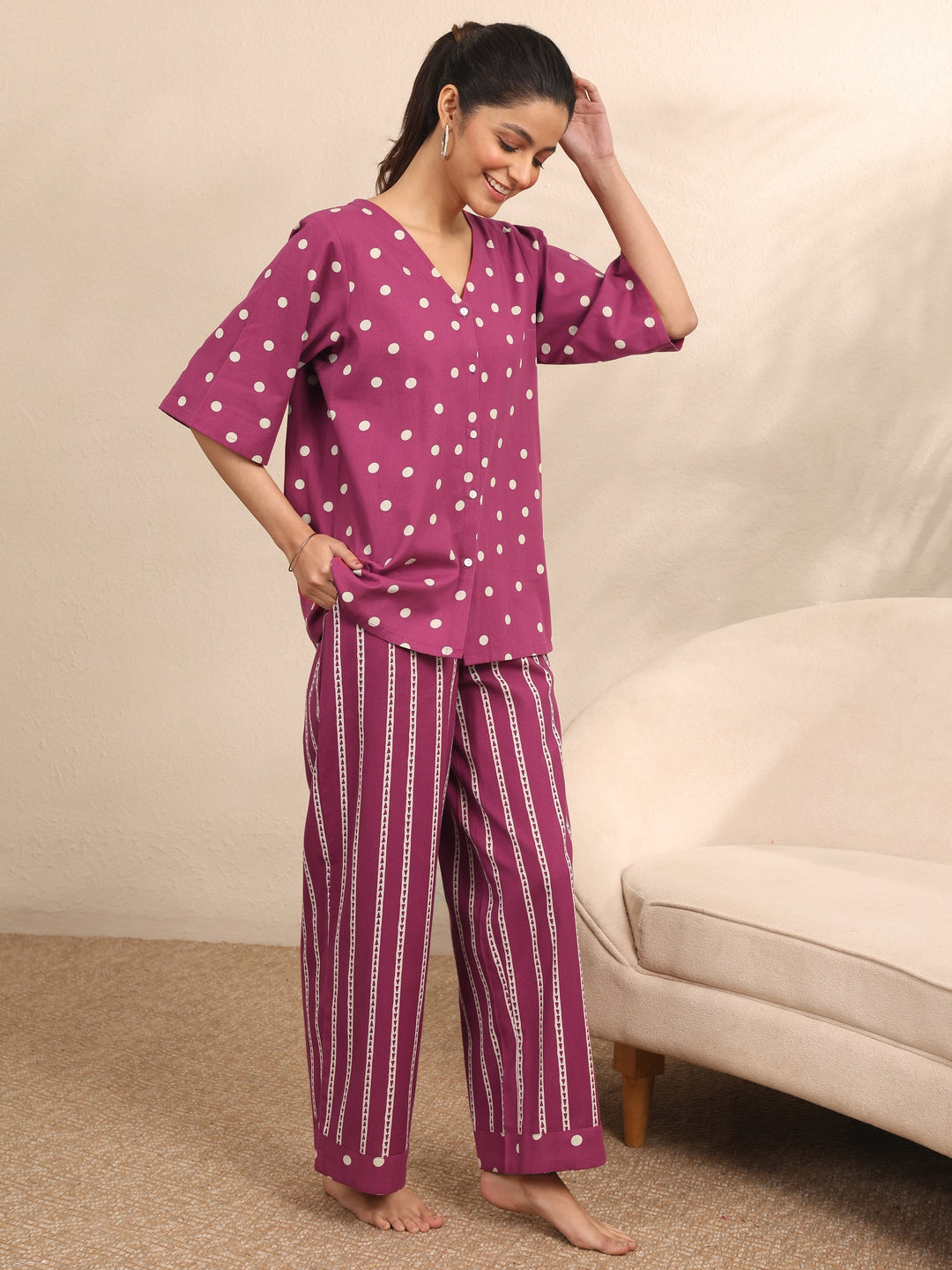  Burgundy Printed Cotton Night Suit 