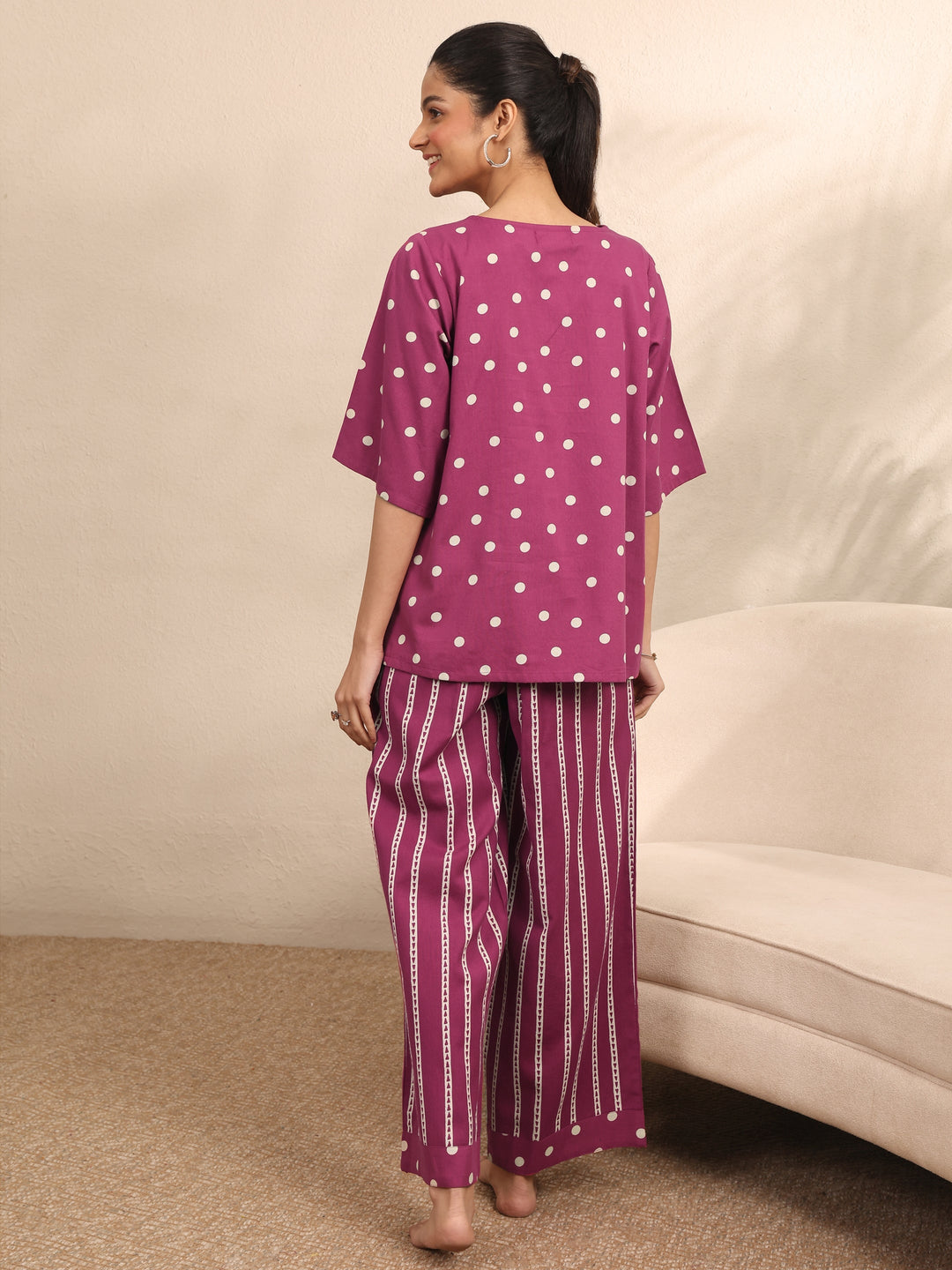  Burgundy Printed Cotton Night Suit 