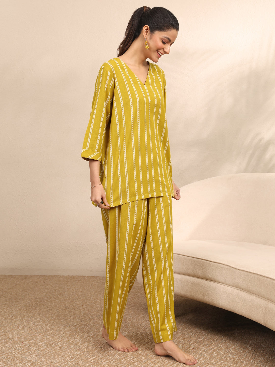  Mustard Printed Cotton Night Suit 