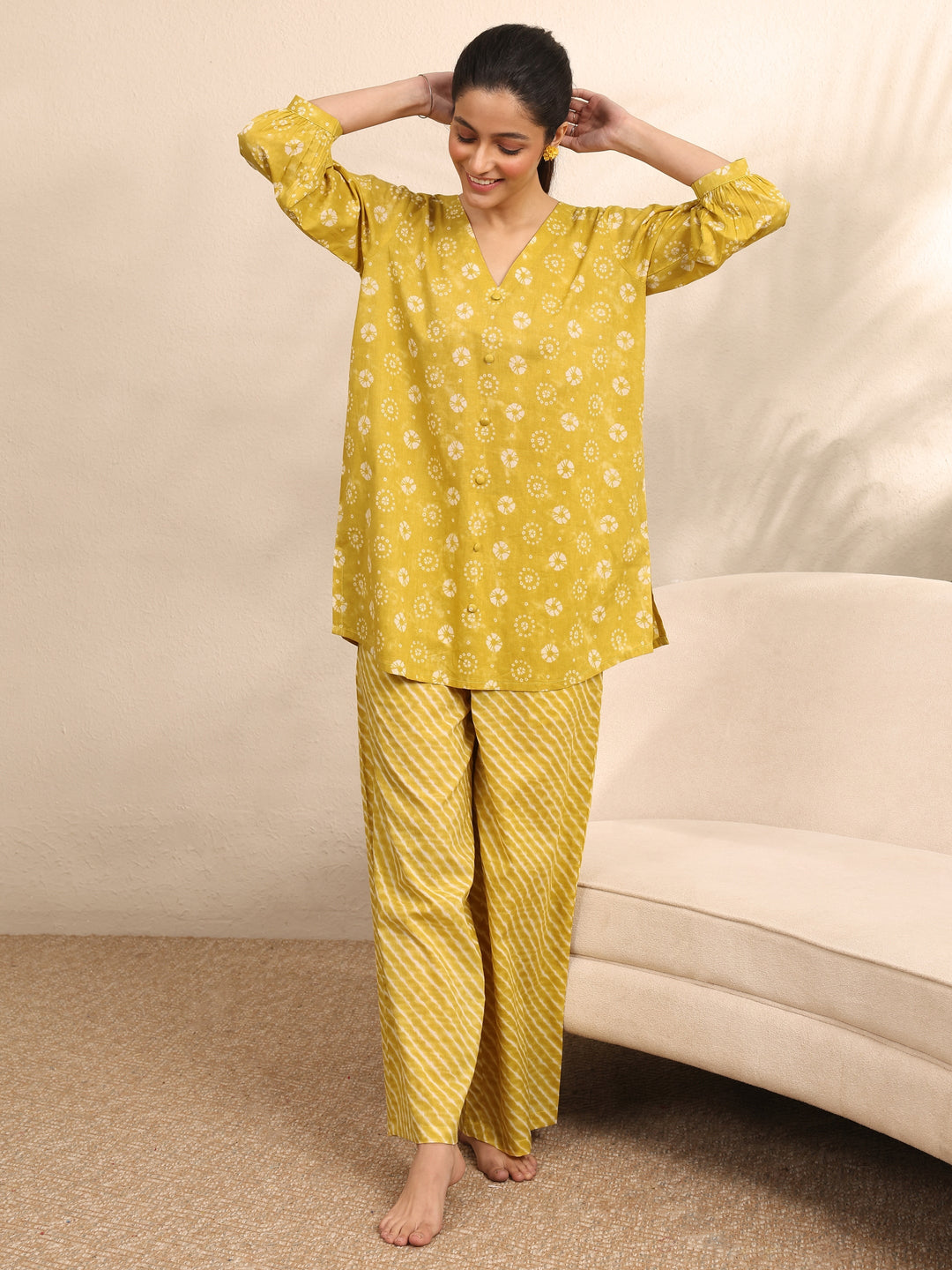  Mustard Printed Cotton Night Suit 
