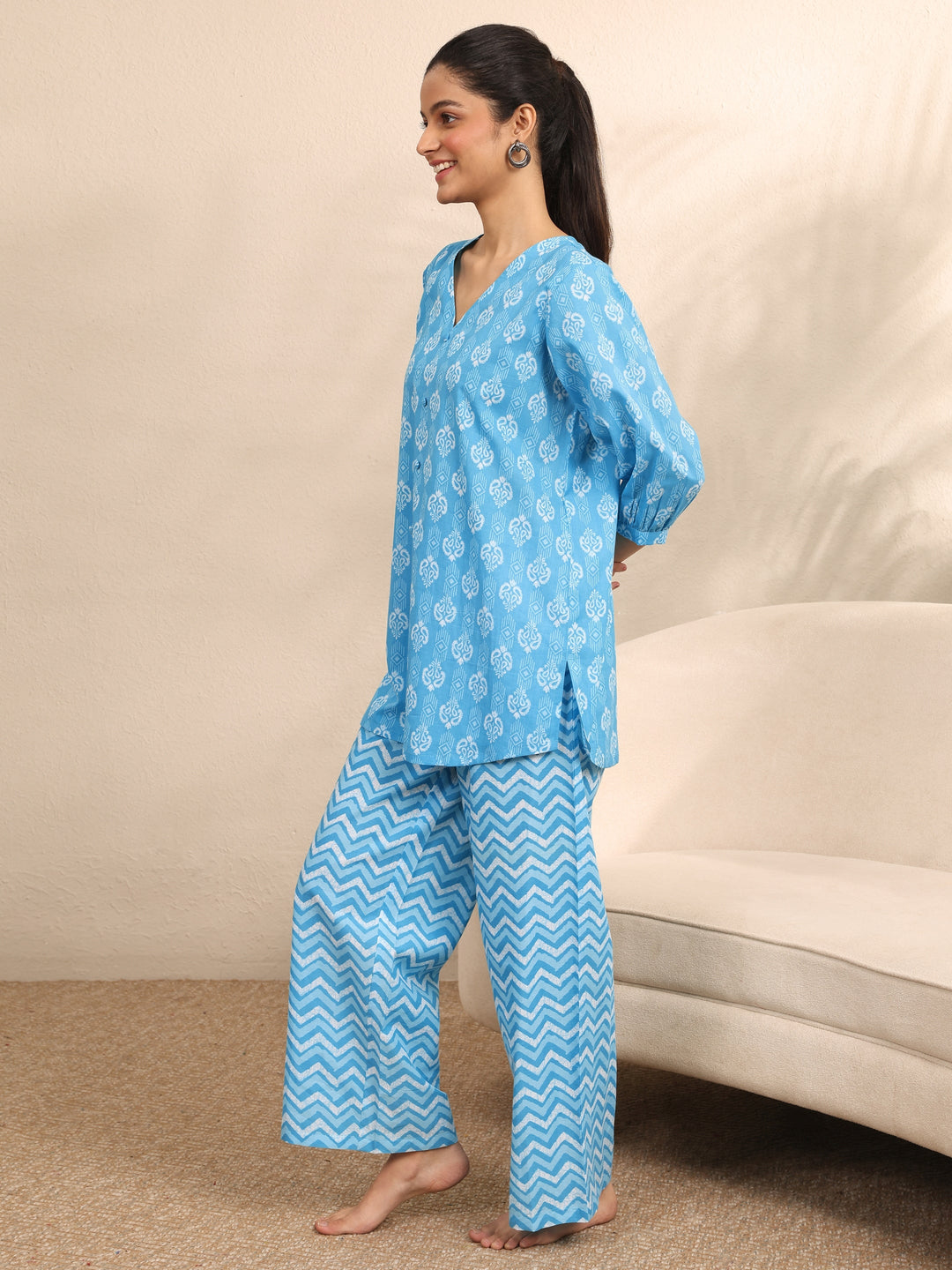  Blue Printed Cotton Night Suit 