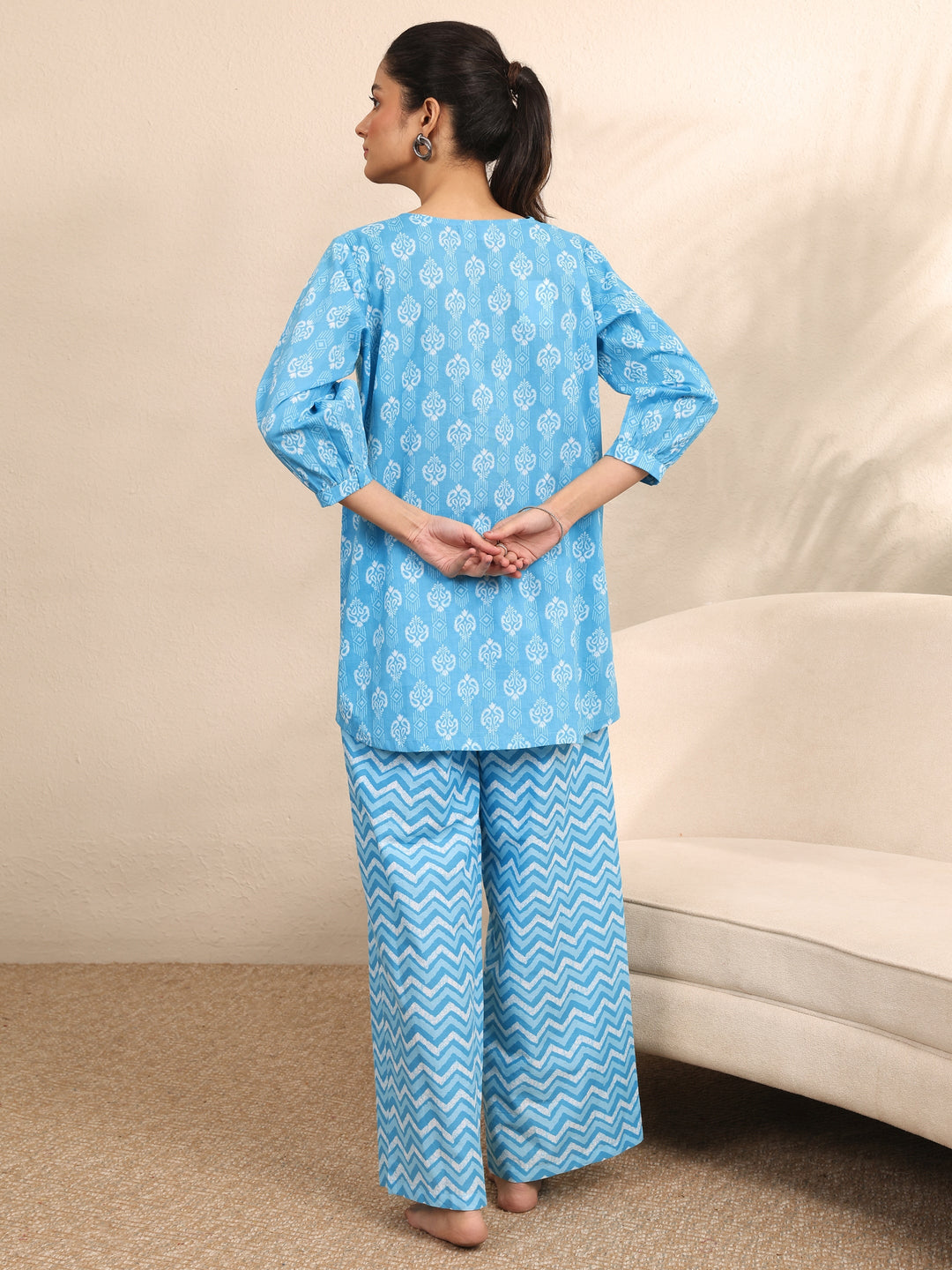  Blue Printed Cotton Night Suit 