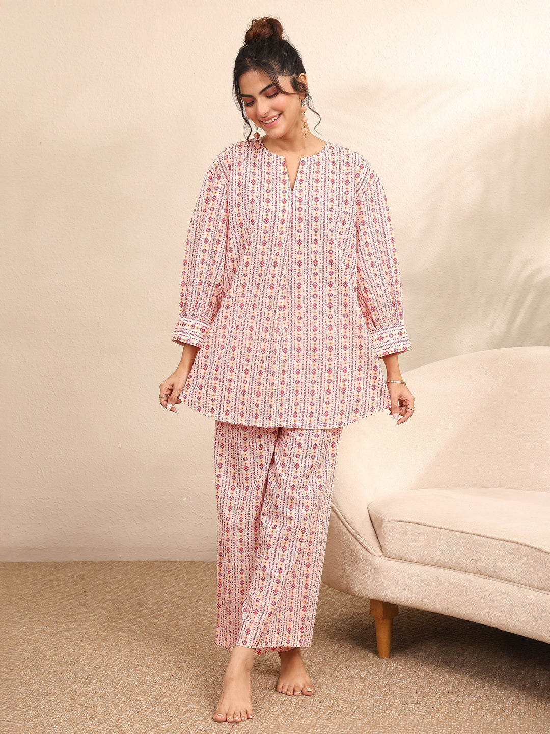  Peach Printed Cotton Night Suit 