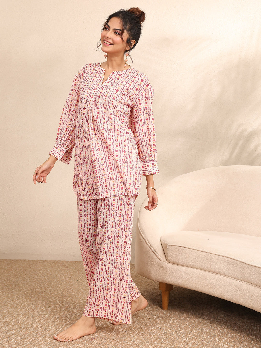  Peach Printed Cotton Night Suit 