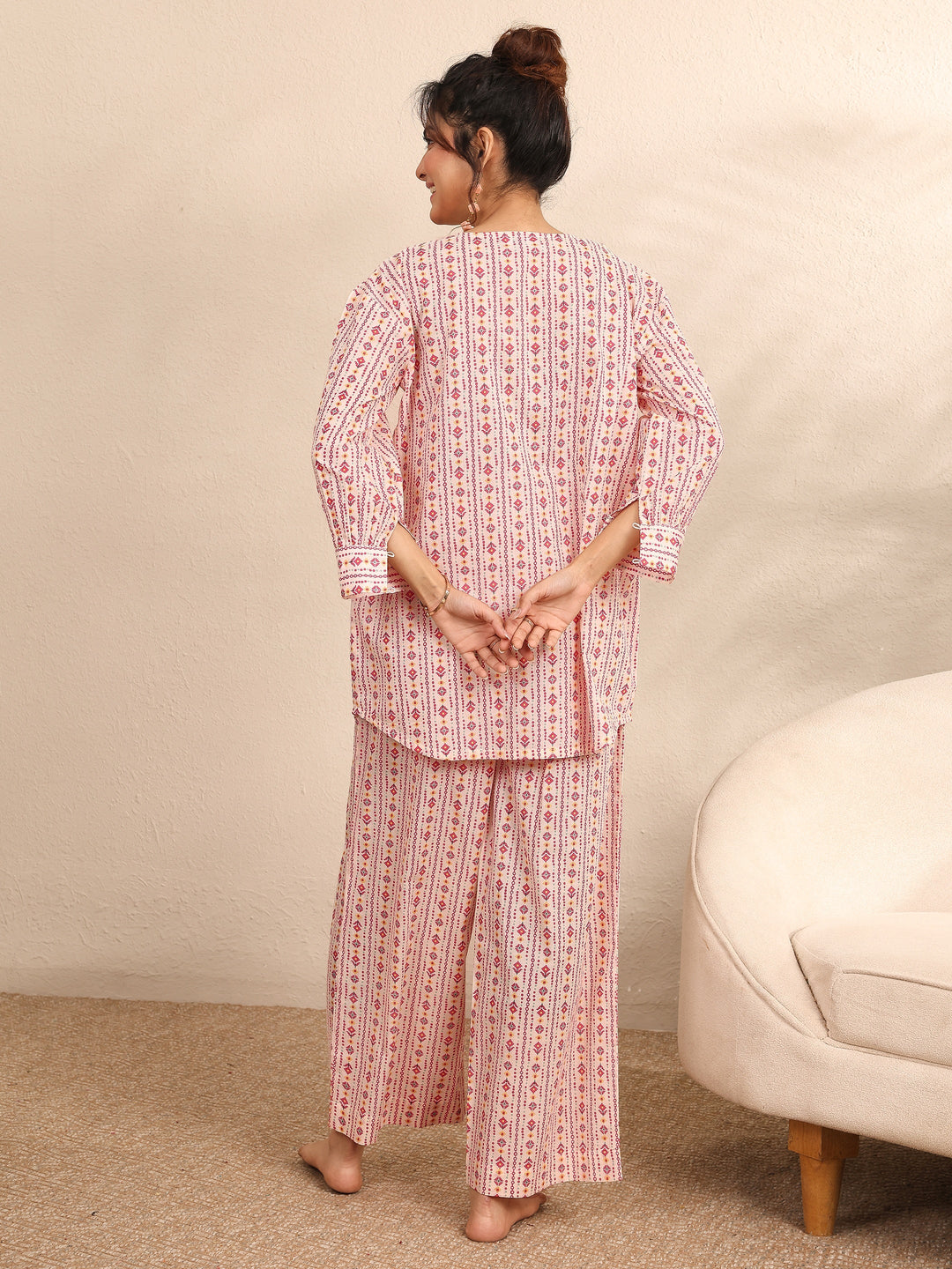  Peach Printed Cotton Night Suit 