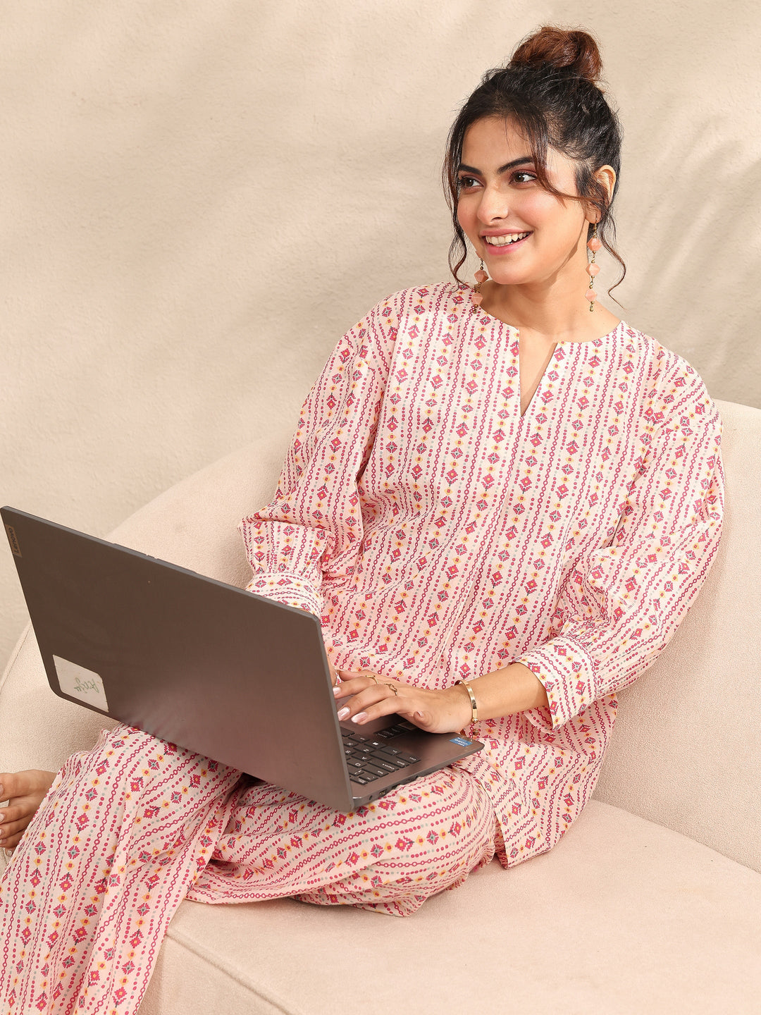  Peach Printed Cotton Night Suit 