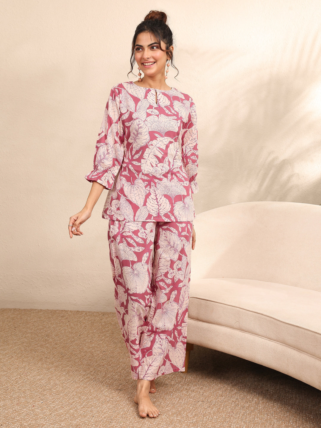  Mauve Printed Cotton Night Suit 