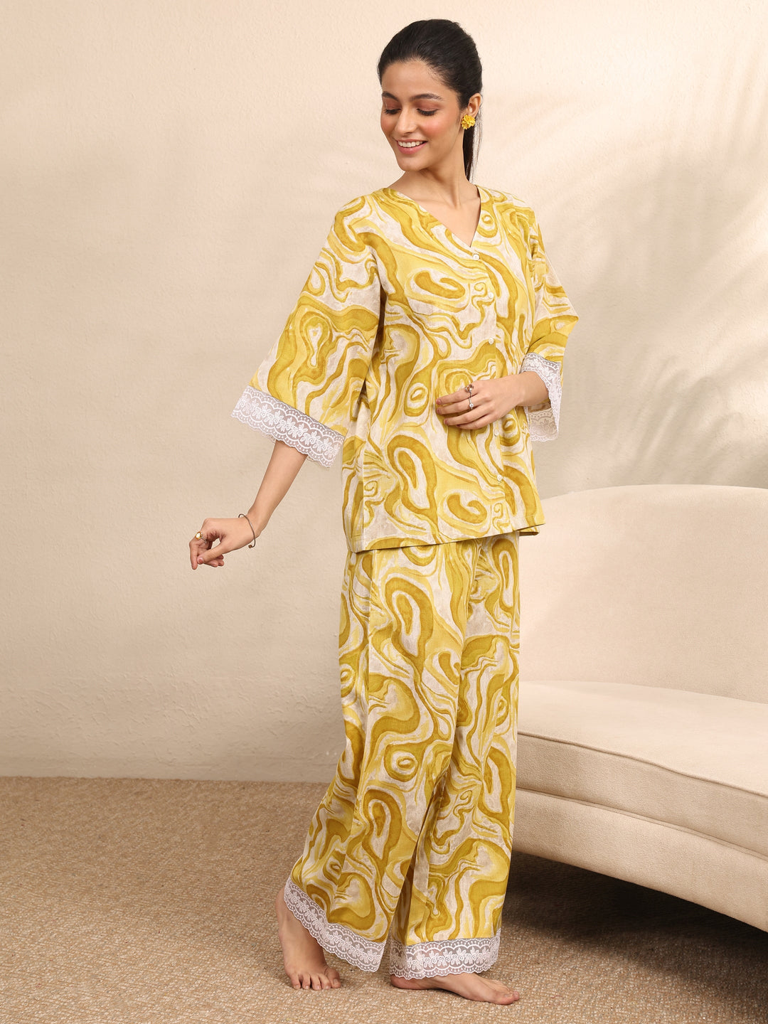  Yellow Printed Cotton Night Suit 